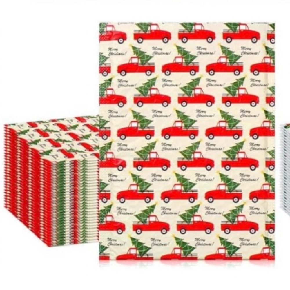 12 Christmas Tree Truck Bubble Poly Mailers w/ 12 thank you stickers